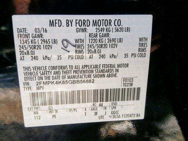 2FMPK4K85GBB56882 - 2016 FORD EDGE TITAN BLACK photo 10