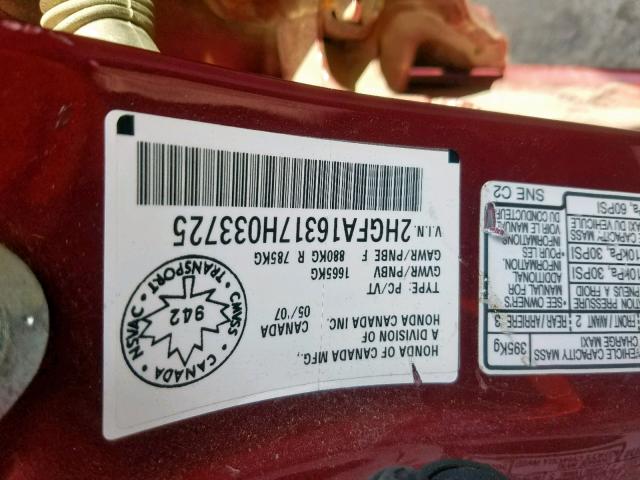 2HGFA16317H033725 - 2007 HONDA CIVIC DX RED photo 10