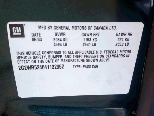 2G2WR524641132952 - 2004 PONTIAC GRAND PRIX GREEN photo 10