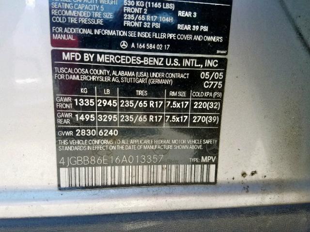 4JGBB86E16A013357 - 2006 MERCEDES-BENZ ML 350 SILVER photo 10