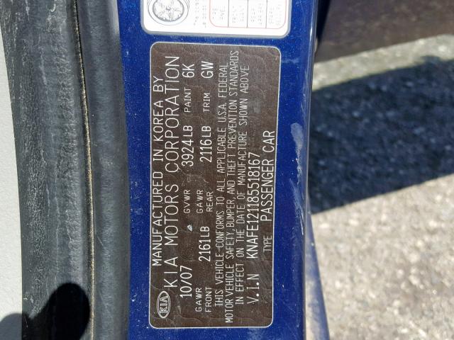 KNAFE121185518167 - 2008 KIA SPECTRA EX BLUE photo 10