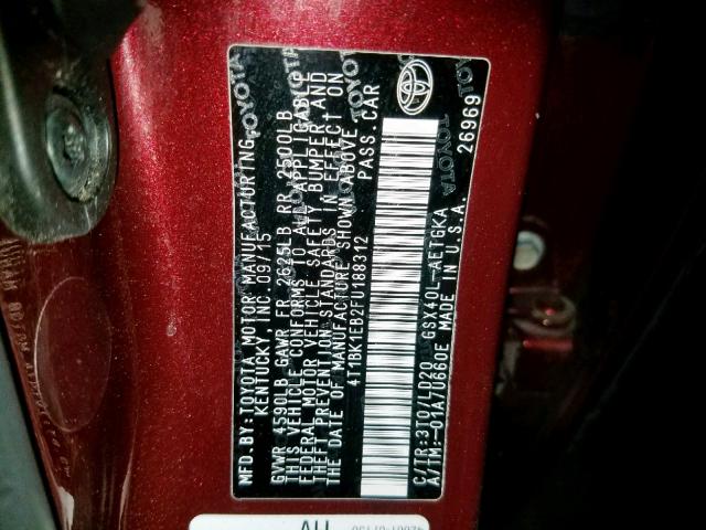 4T1BK1EB2FU188312 - 2015 TOYOTA AVALON XLE MAROON photo 10