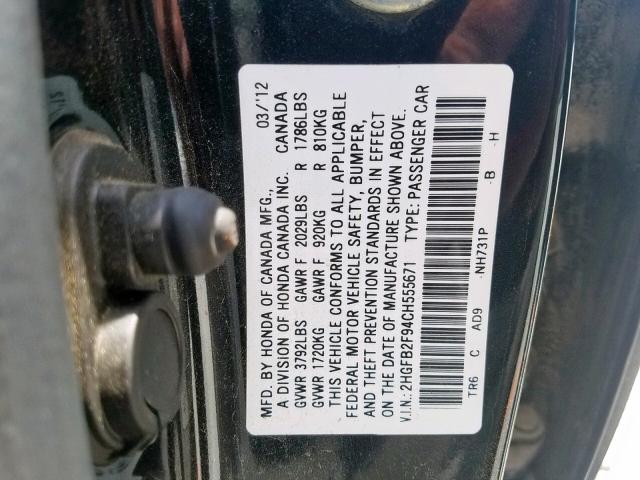 2HGFB2F94CH555671 - 2012 HONDA CIVIC EXL 黑色 照片 10