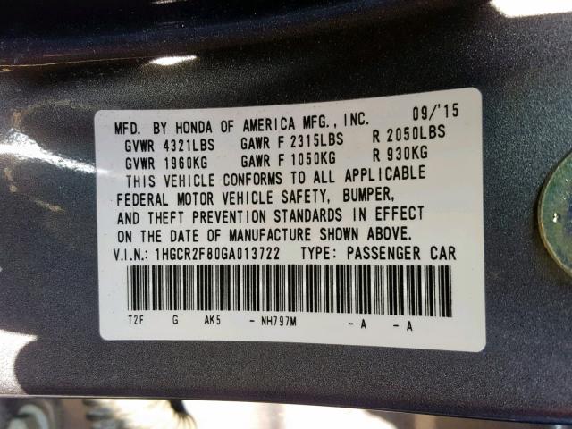 1HGCR2F80GA013722 - 2016 HONDA ACCORD EXL GRAY photo 10