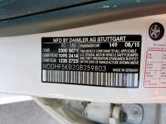 WDDHF5KB2GB259803 - 2016 MERCEDES-BENZ E 350 WHITE photo 10