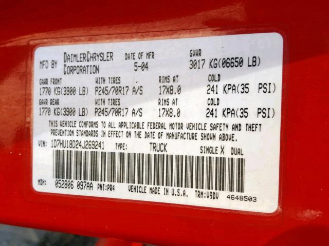 1D7HU18D24J269241 - 2004 DODGE RAM 1500 S RED photo 10