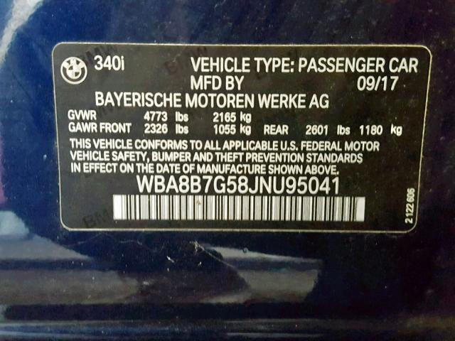 WBA8B7G58JNU95041 - 2018 BMW 340 XI BLACK photo 10