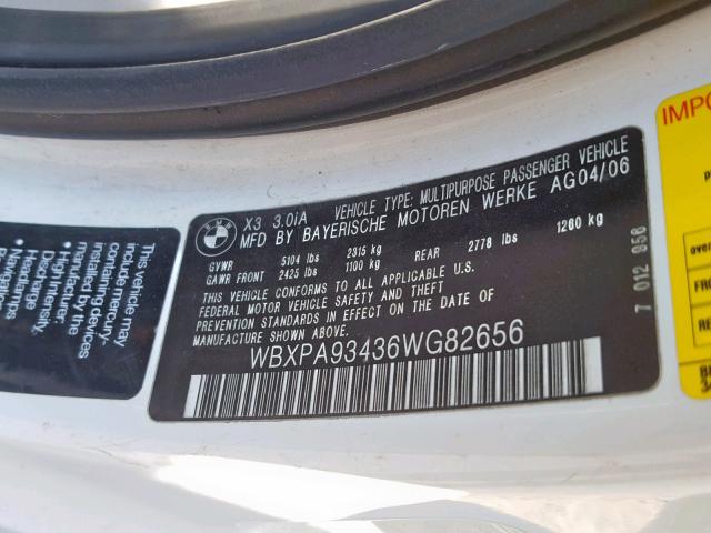 WBXPA93436WG82656 - 2006 BMW X3 3.0I WHITE photo 10