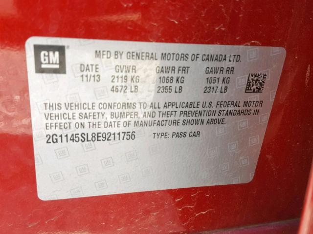 2G1145SL8E9211756 - 2014 CHEVROLET IMPALA LTZ RED photo 10