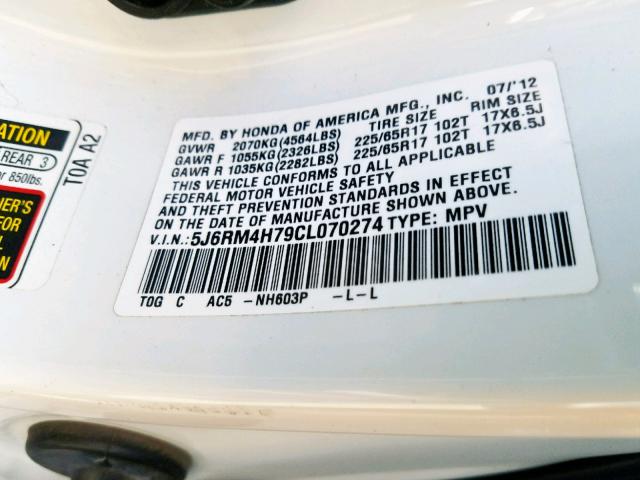 5J6RM4H79CL070274 - 2012 HONDA CR-V EXL WHITE photo 10