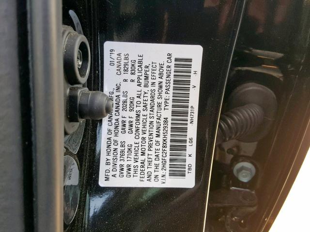 2HGFC2F8XKH529384 - 2019 HONDA CIVIC SPOR BLACK photo 10