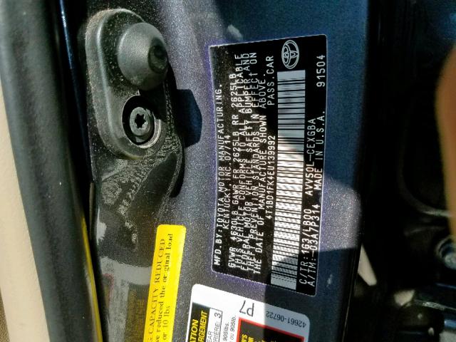 4T1BD1FK4EU139992 - 2014 TOYOTA CAMRY HYBR GRAY photo 10