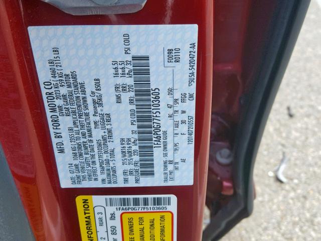 1FA6P0G77F5103605 - 2015 FORD FUSION S RED photo 10