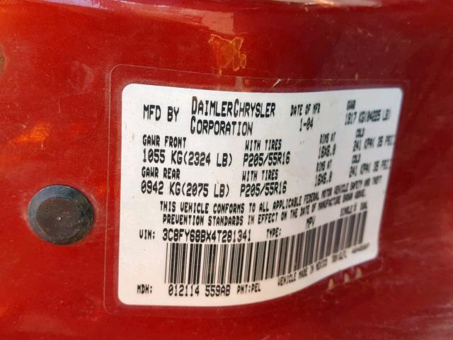 3C8FY68BX4T281341 - 2004 CHRYSLER PT CRUISER RED photo 10