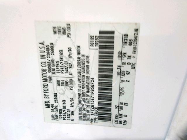 1FTZR15E71PB58724 - 2001 FORD RANGER SUP WHITE photo 10