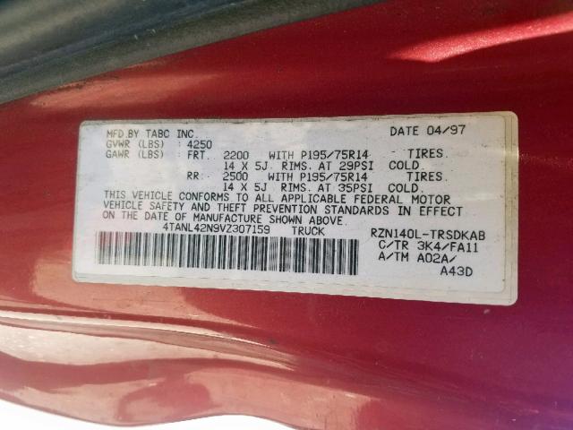 4TANL42N9VZ307159 - 1997 TOYOTA TACOMA RED photo 10