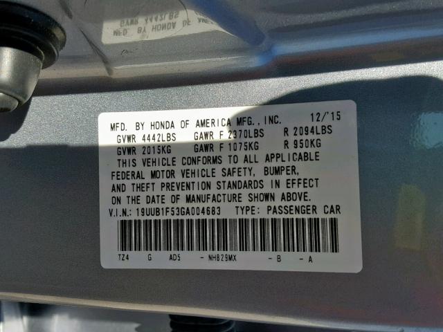 19UUB1F53GA004683 - 2016 ACURA TLX TECH SILVER photo 10