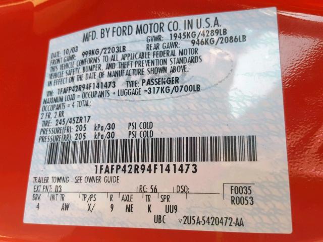 1FAFP42R94F141473 - 2004 FORD MUSTANG MA RED photo 10