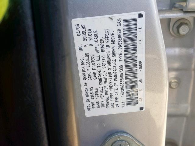 1HGCM66536A057398 - 2006 HONDA ACCORD EX SILVER photo 10