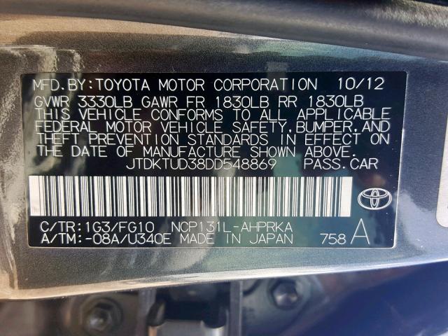 JTDKTUD38DD548869 - 2013 TOYOTA YARIS GRAY photo 10