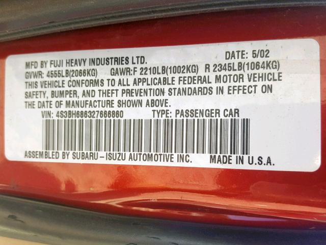 4S3BH686327666860 - 2002 SUBARU LEGACY OUT MAROON photo 10