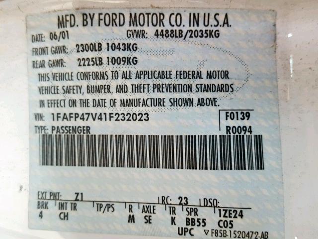 1FAFP47V41F232023 - 2001 FORD MUSTANG CO WHITE photo 10