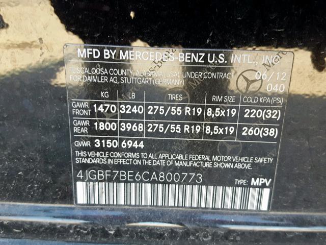 4JGBF7BE6CA800773 - 2012 MERCEDES-BENZ GL 450 4MA BLACK photo 10