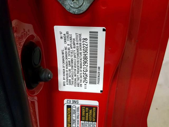 2HGFG12908H502278 - 2008 HONDA CIVIC EXL RED photo 10