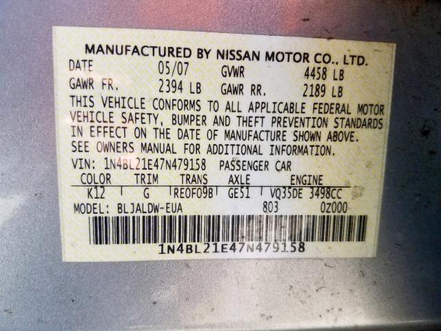 1N4BL21E47N479158 - 2007 NISSAN ALTIMA 3.5 SILVER photo 10