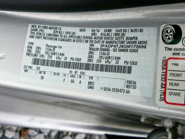 3FADP4TJ9GM170699 - 2016 FORD FIESTA S SILVER photo 10