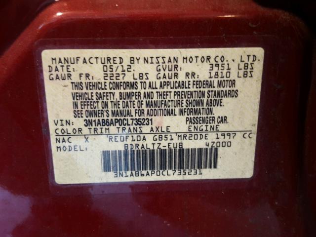 3N1AB6AP0CL735231 - 2012 NISSAN SENTRA 2.0 RED photo 10