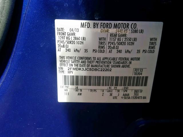 2FMDK3JC5DBC22202 - 2013 FORD EDGE SEL BLUE photo 10