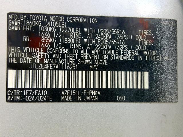 JTLZE4FE7A1116251 - 2010 TOYOTA SCION XB ვერცხლისფერი ფოტო 10