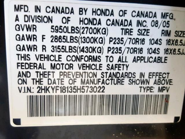 2HKYF18135H573022 - 2005 HONDA PILOT LX BLACK photo 10