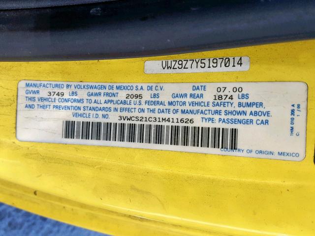 3VWCS21C31M411626 - 2001 VOLKSWAGEN NEW BEETLE ყვითელი ფოტო 10