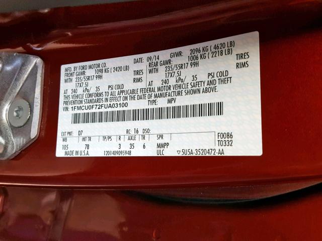 1FMCU0F72FUA03100 - 2015 FORD ESCAPE S MAROON photo 10