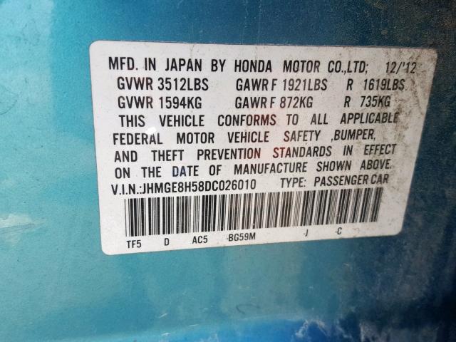 JHMGE8H58DC026010 - 2013 HONDA FIT SPORT TEAL photo 10