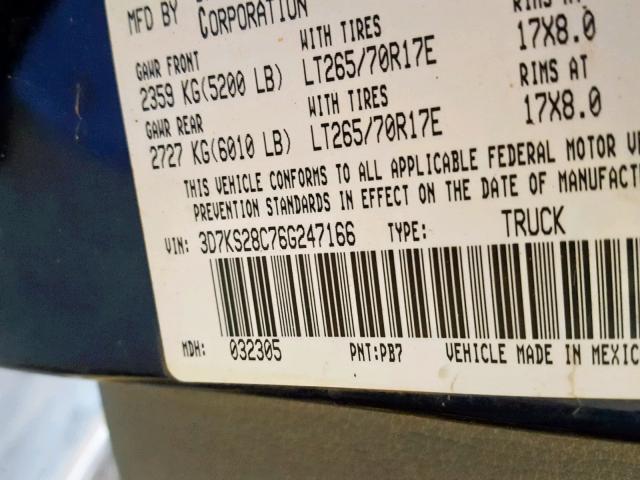 3D7KS28C76G247166 - 2006 DODGE RAM 2500 S ლურჯი ფოტო 10