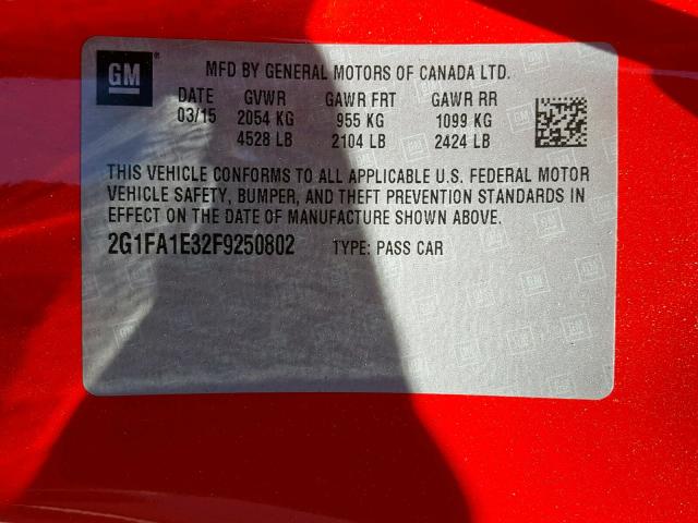 2G1FA1E32F9250802 - 2015 CHEVROLET CAMARO LS RED photo 10