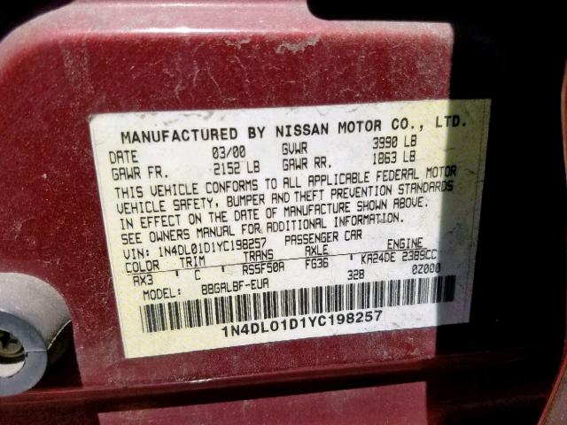 1N4DL01D1YC198257 - 2000 NISSAN ALTIMA XE MAROON photo 10