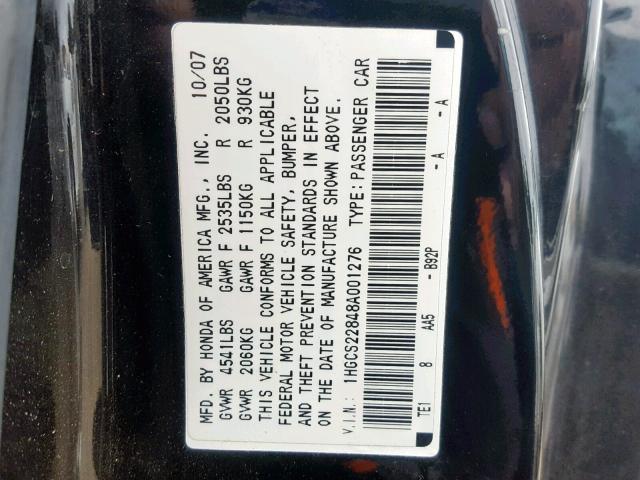 1HGCS22848A001276 - 2008 HONDA ACCORD EXL BLACK photo 10