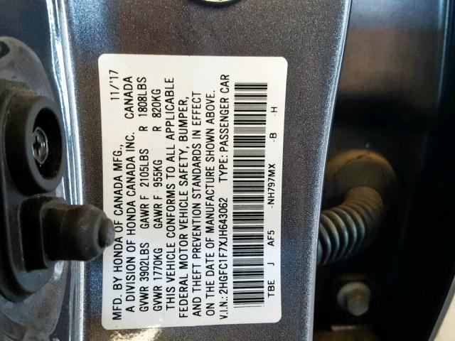 2HGFC1F7XJH643062 - 2018 HONDA CIVIC EXL Yaşıl foto 10