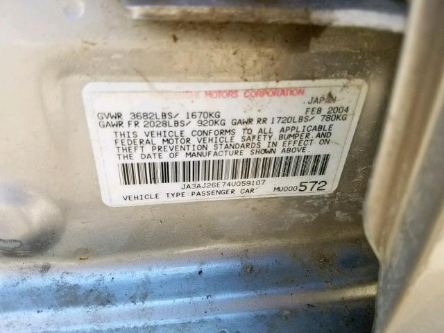 JA3AJ26E74U059107 - 2004 MITSUBISHI LANCER ES SILVER photo 10