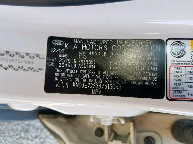 KNDJE723387515065 - 2008 KIA SPORTAGE E WHITE photo 10