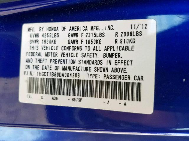 1HGCT1B80DA004208 - 2013 HONDA ACCORD EXL BLUE photo 10