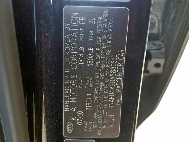 KNAFU4A28A5880310 - 2010 KIA FORTE EX BLACK photo 10