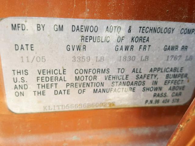 KL1TD56636B600297 - 2006 CHEVROLET AVEO BASE Қызғылт сары фото 10