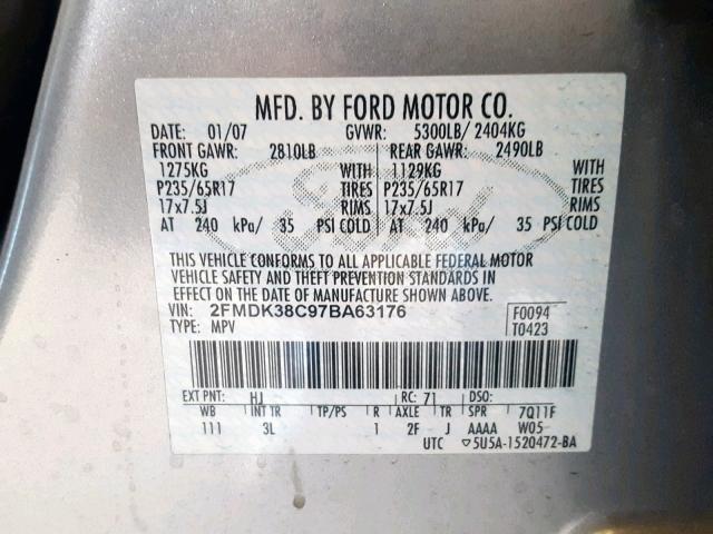 2FMDK38C97BA63176 - 2007 FORD EDGE SEL GRAY photo 10