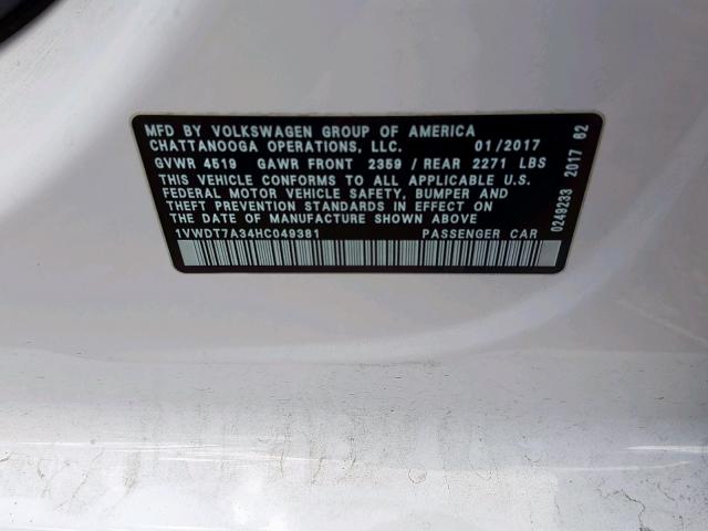 1VWDT7A34HC049381 - 2017 VOLKSWAGEN PASSAT R-L WHITE photo 10