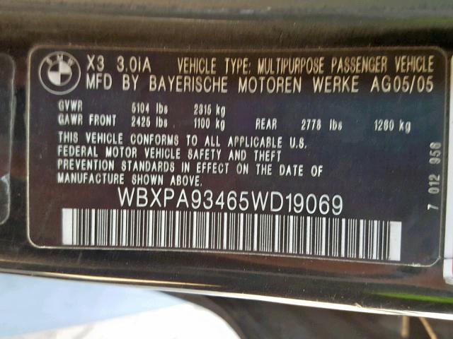 WBXPA93465WD19069 - 2005 BMW X3 3.0I BLACK photo 10